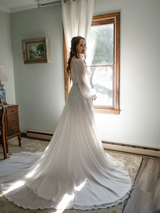 The Claire Gown – Nude Lace Western Wedding Dress with V-Neckline