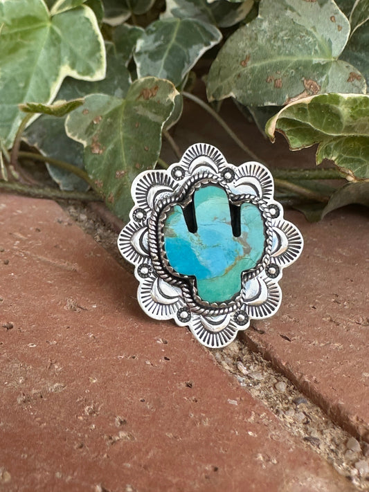 Handmade Sterling Silver Turquoise Saguaro Cactus Adjustable Ring