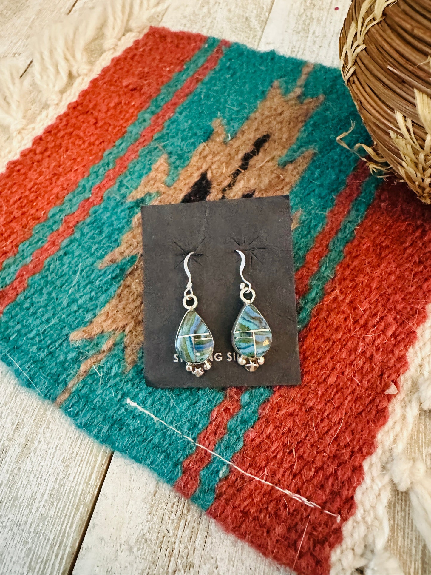 Handcrafted Rainbow Calsilica & Sterling Silver Inlay Dangle Earrings