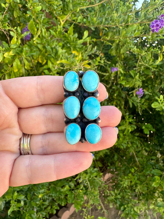 Handcrafted Kingman Turquoise & Sterling Silver Ring Size 9.5 Signed Sheila