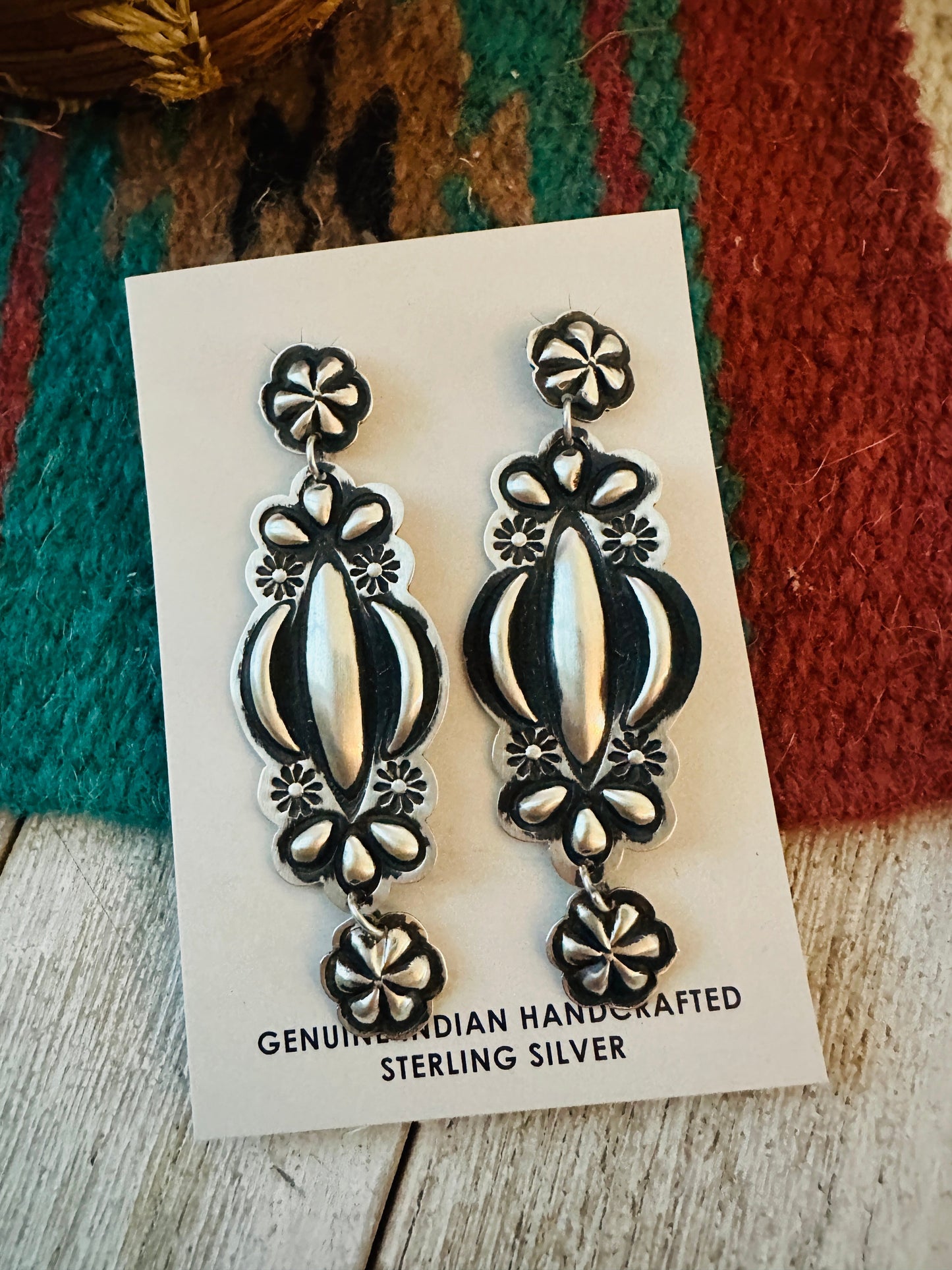 Handcrafted Hand Stamped Sterling Silver Concho Dangle Earrings by Leander Tahe