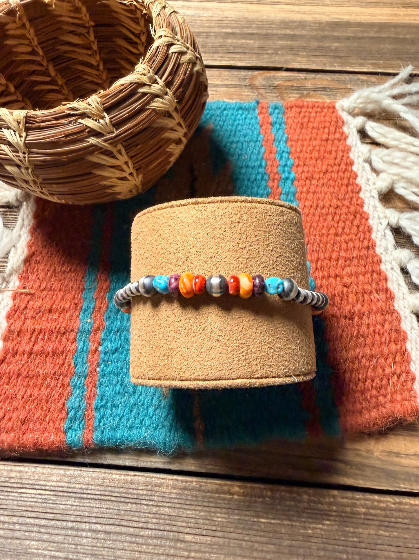 Handcrafted Spiny Oyster, Turquoise & Sterling Silver Beaded Stretch Bracelet