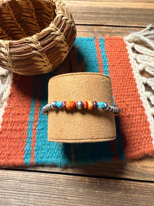 Handcrafted Spiny Oyster, Turquoise & Sterling Silver Beaded Stretch Bracelet