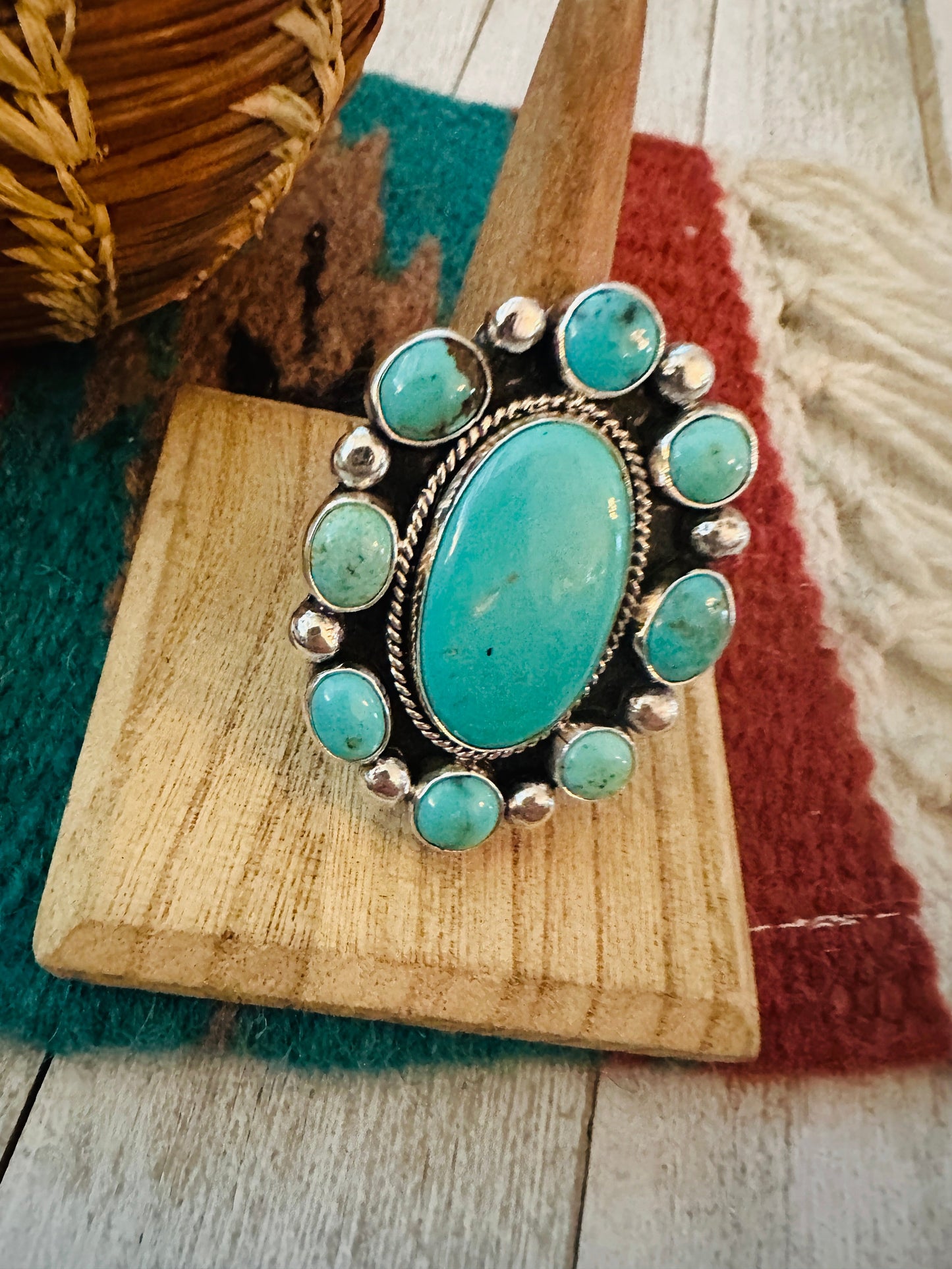 Handcrafted Sterling Silver & Turquoise Cluster Adjustable Ring
