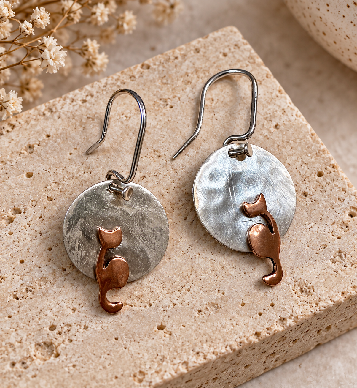 Copper Cat on Hammered Disc Sterling Silver Earrings