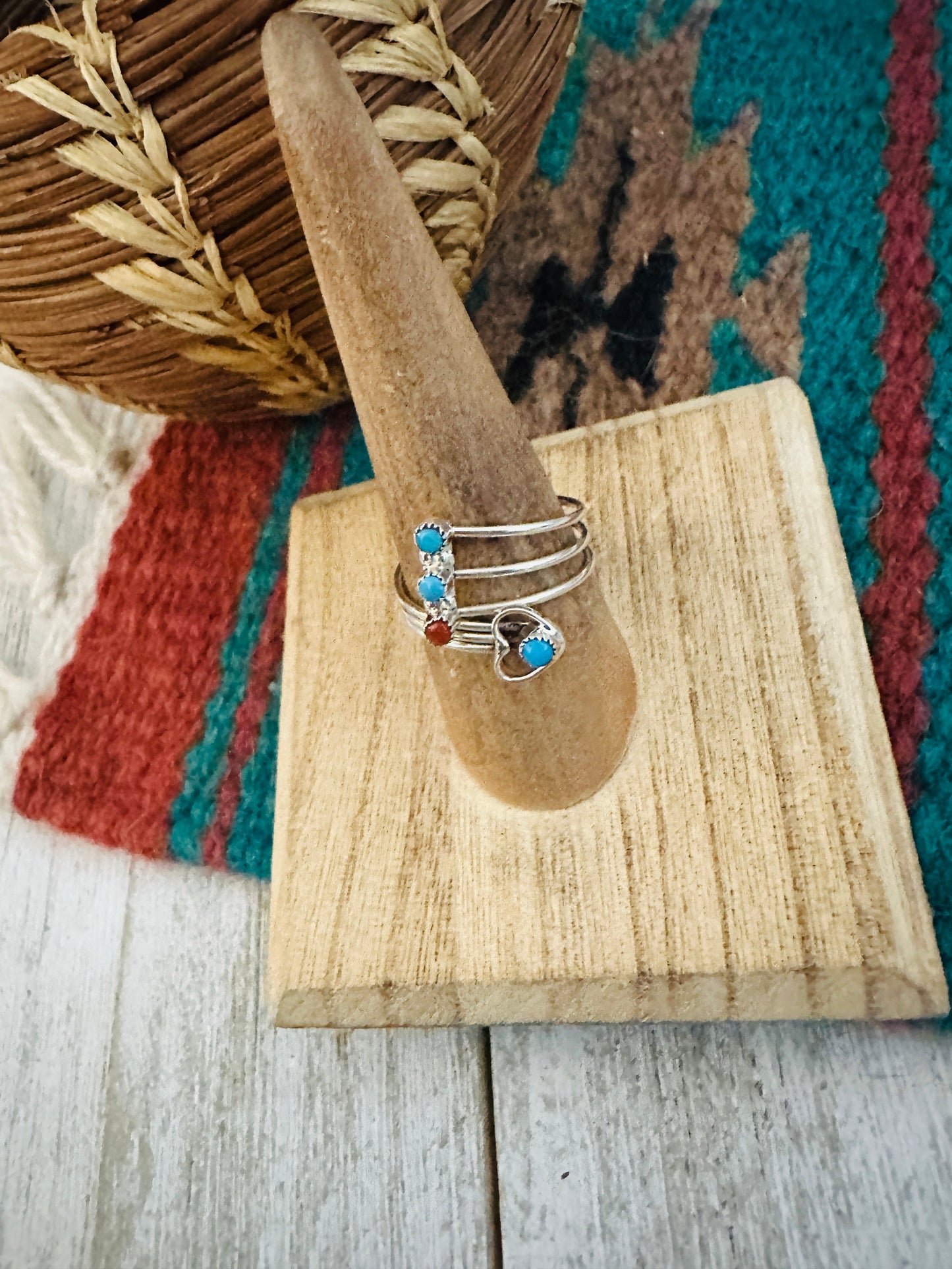 Handcrafted Turquoise, Coral & Sterling Silver Heart Adjustable Ring