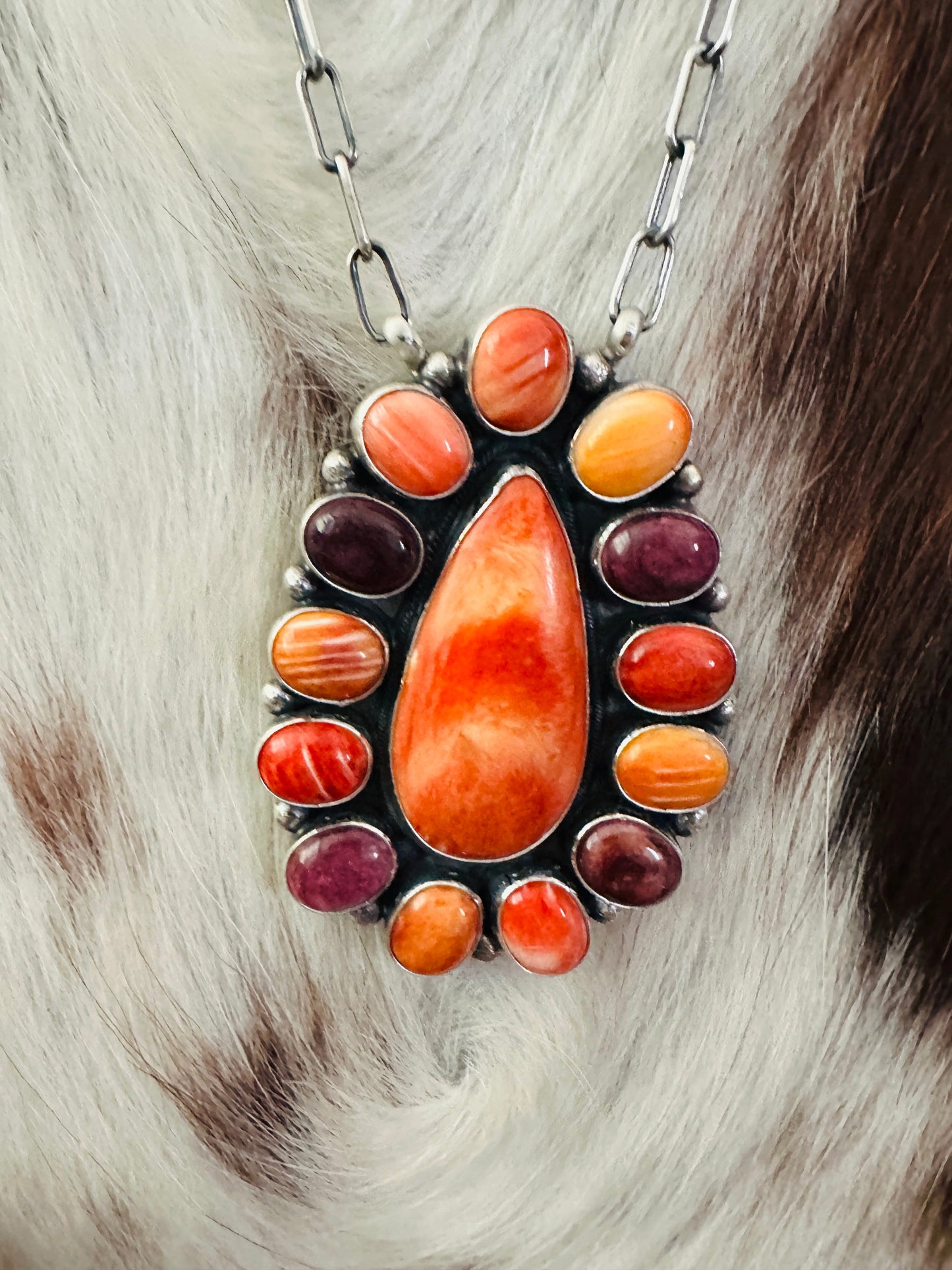 Handcrafted Multicolor Spiny Oyster & Sterling Silver Cluster Necklace by Sheila Becenti
