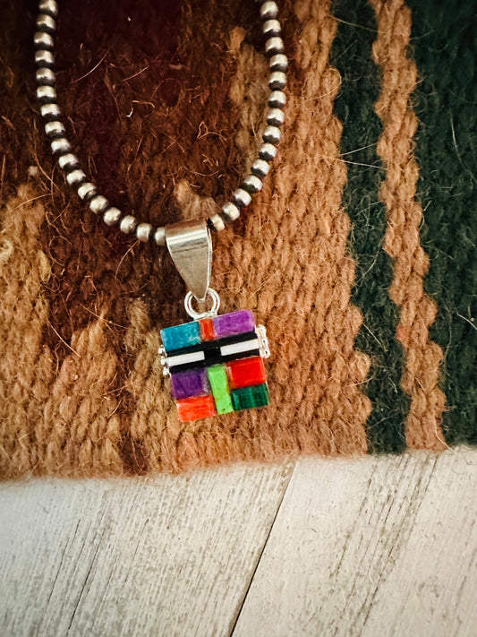 Handcrafted Multi Stone & Sterling Silver Inlay Double Sided Pendant