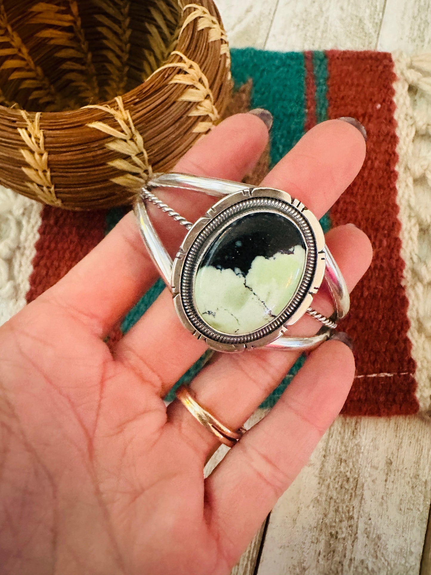 Handcrafted New Lander Turquoise & Sterling Silver Cuff Bracelet by Wydell Billie
