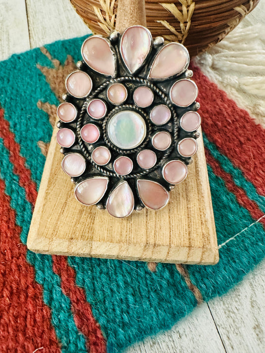 Handcrafted Sterling Silver & Mother of Pearl Cluster Ring Size 10