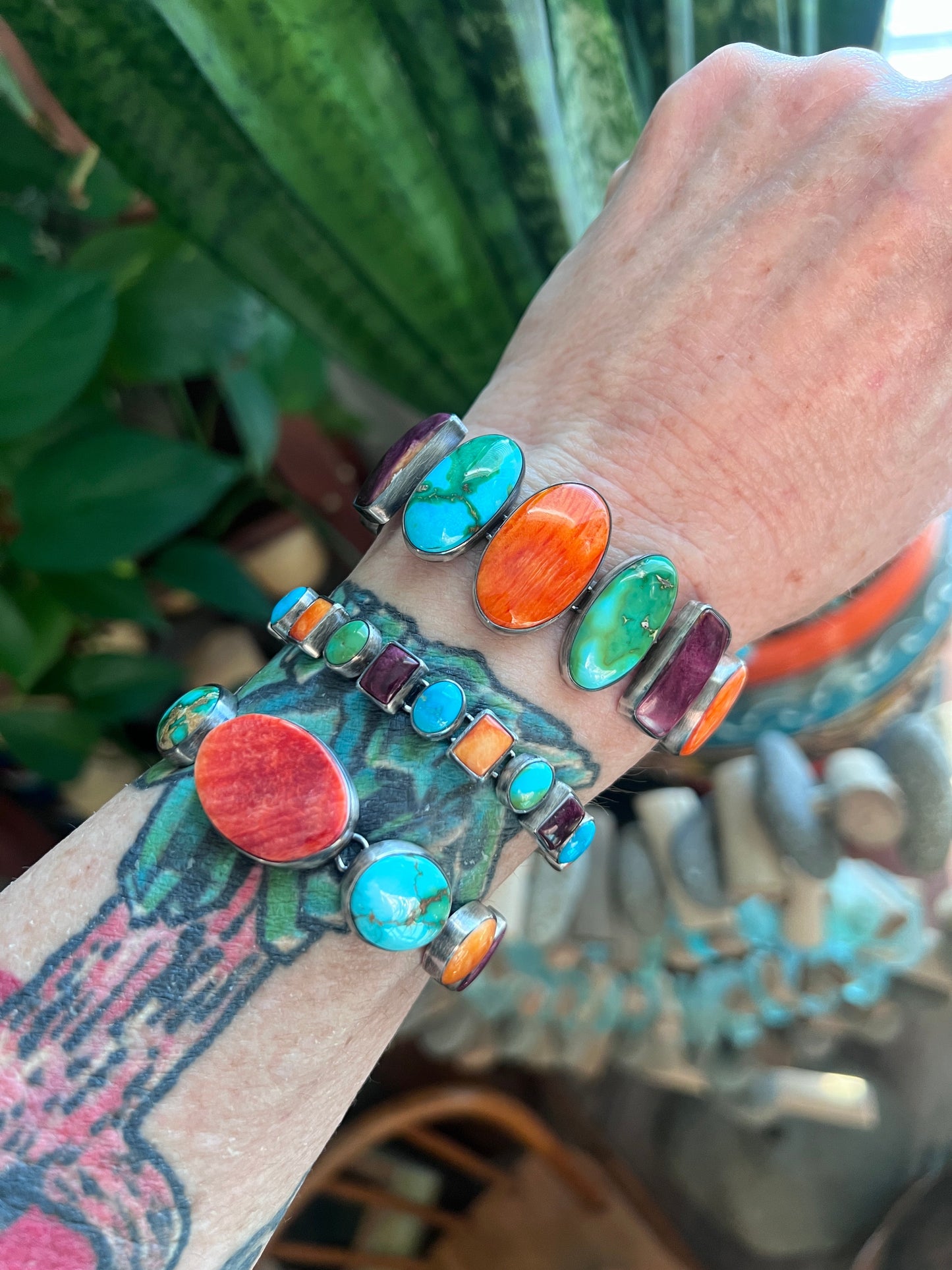 Sterling Silver Electric Rainbow Link Turquoise and Spiny Oyster Bracelet by Thomas Valencia, Mini Ovals & Rectangles