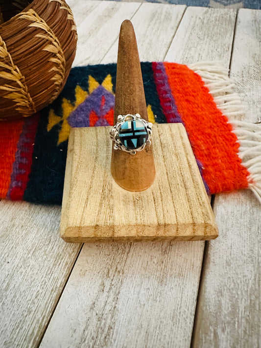 Handcrafted Multi Stone & Sterling Silver Inlay Ring Size 7