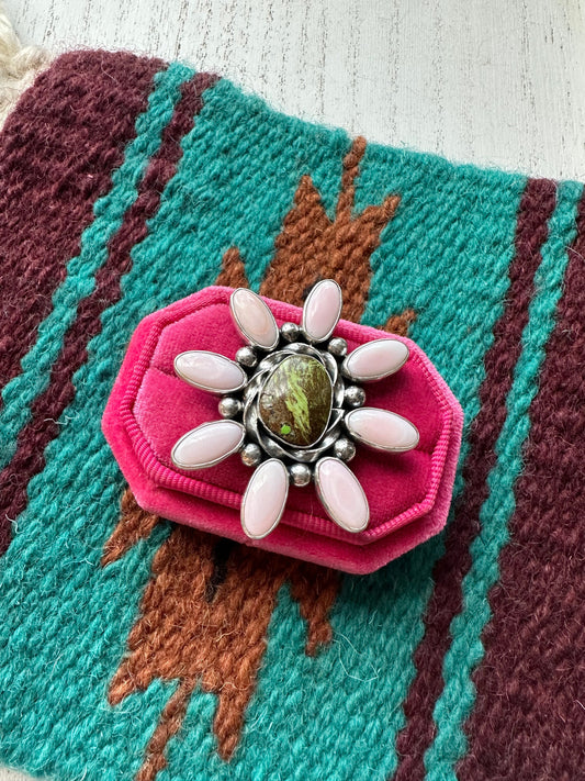“Pink Blossom” Gorgeous Handcrafted Turquoise, Pink Conch And Sterling Silver Adjustable Flower Ring Signed