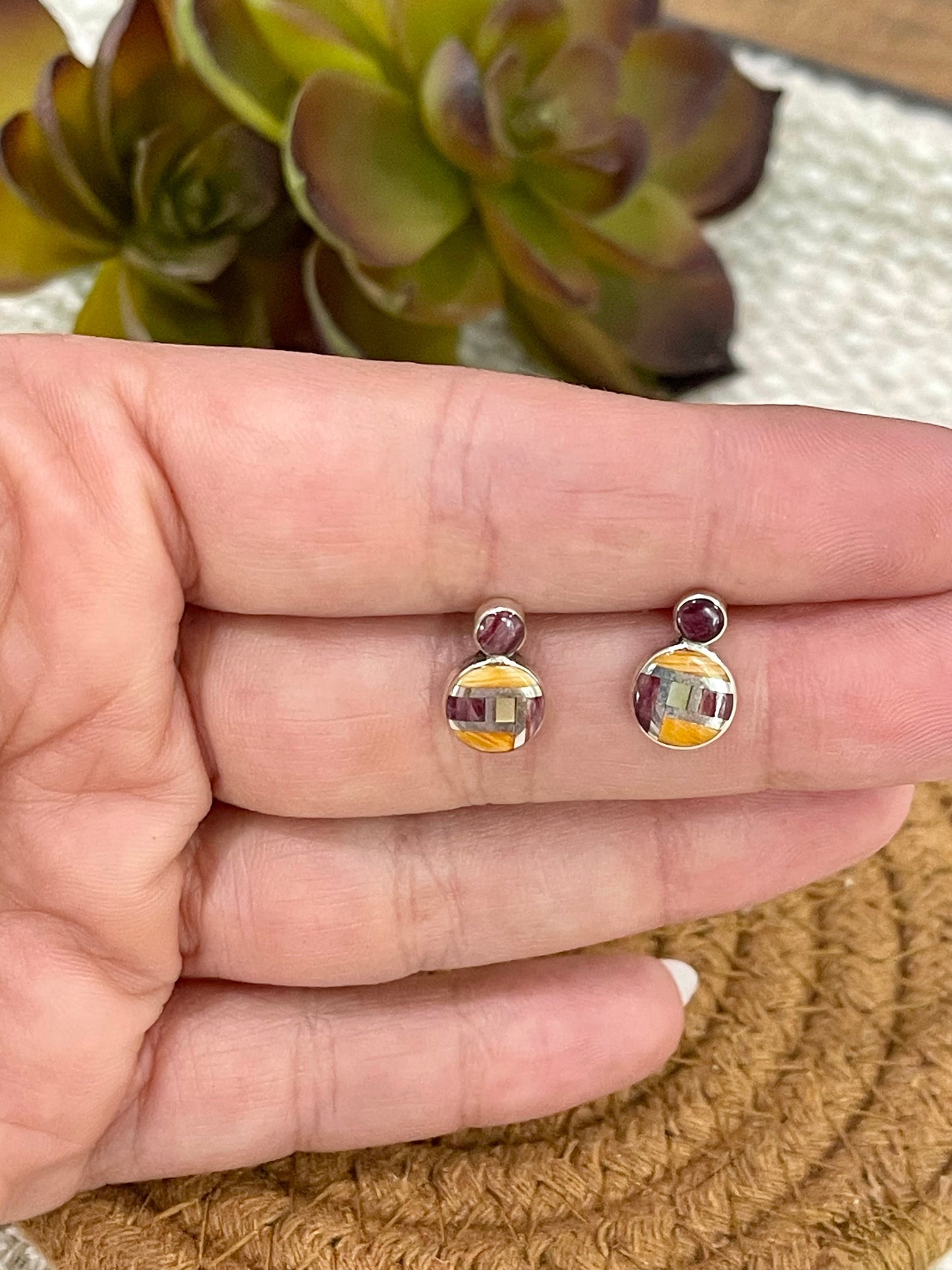 Beautiful Handmade Sterling Silver & Multi Stone Inlay Stud Earrings