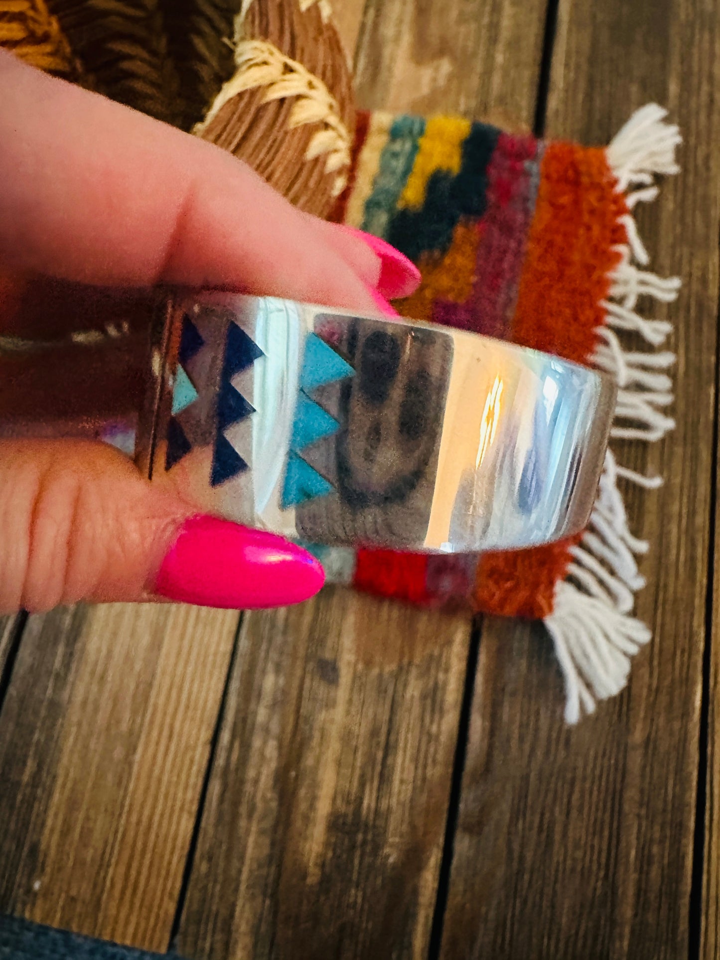 Handcrafted Sterling Silver & Multi Stone Inlay Hummingbird Cuff Bracelet by R.N. Laconsello