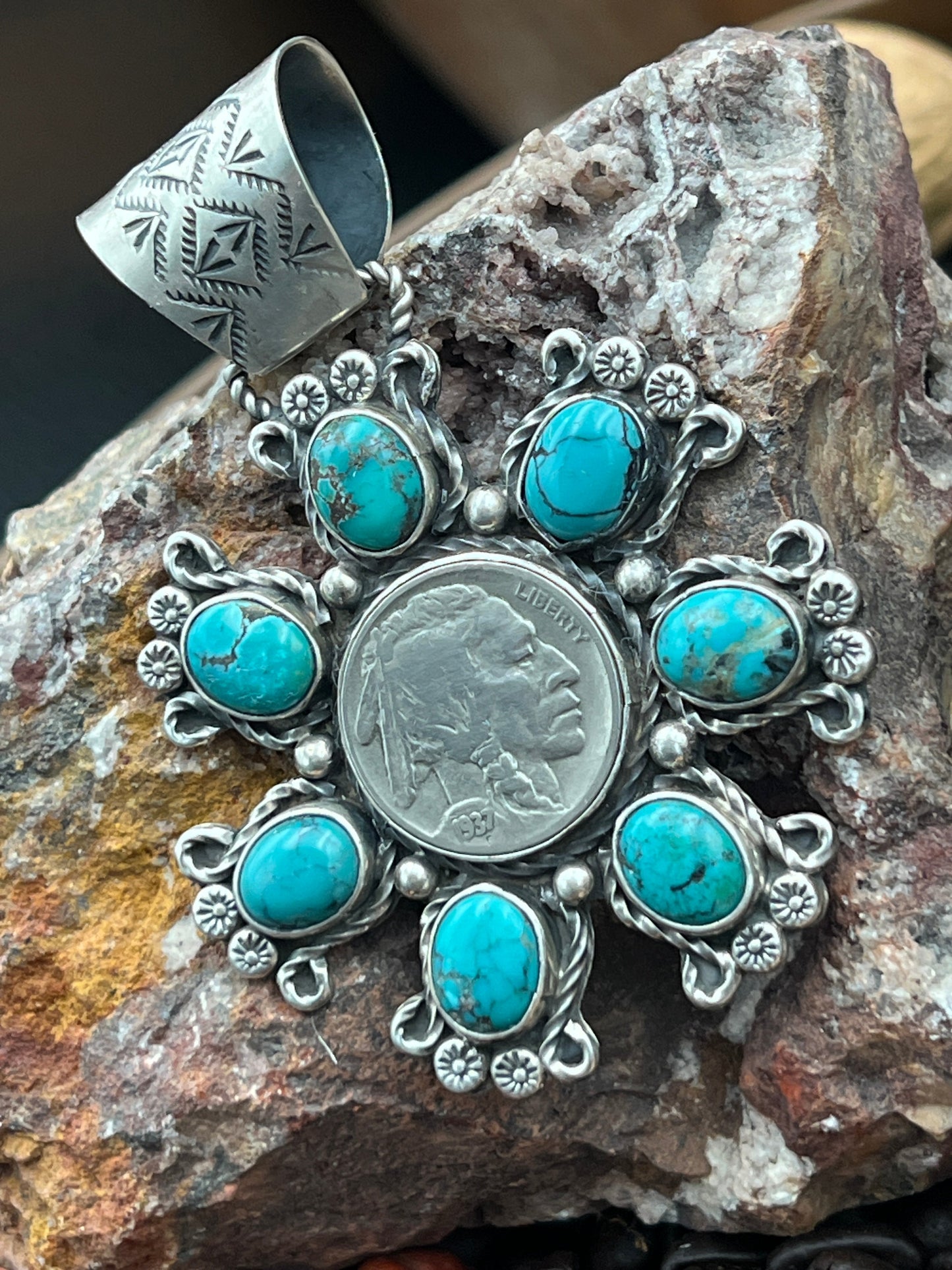 Rosella Paxson Indian Head Nickel Pendant with Hubei Turquoise
