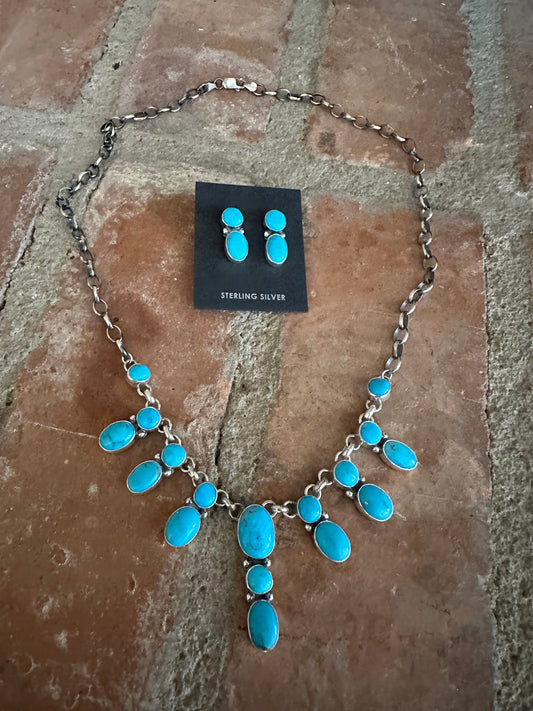 Handcrafted Sterling Silver & Turquoise Necklace & Earring Set Signed