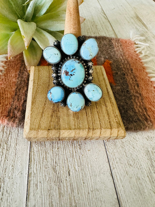 Handcrafted Golden Hills Turquoise & Sterling Silver Cluster Ring Size 10.5
