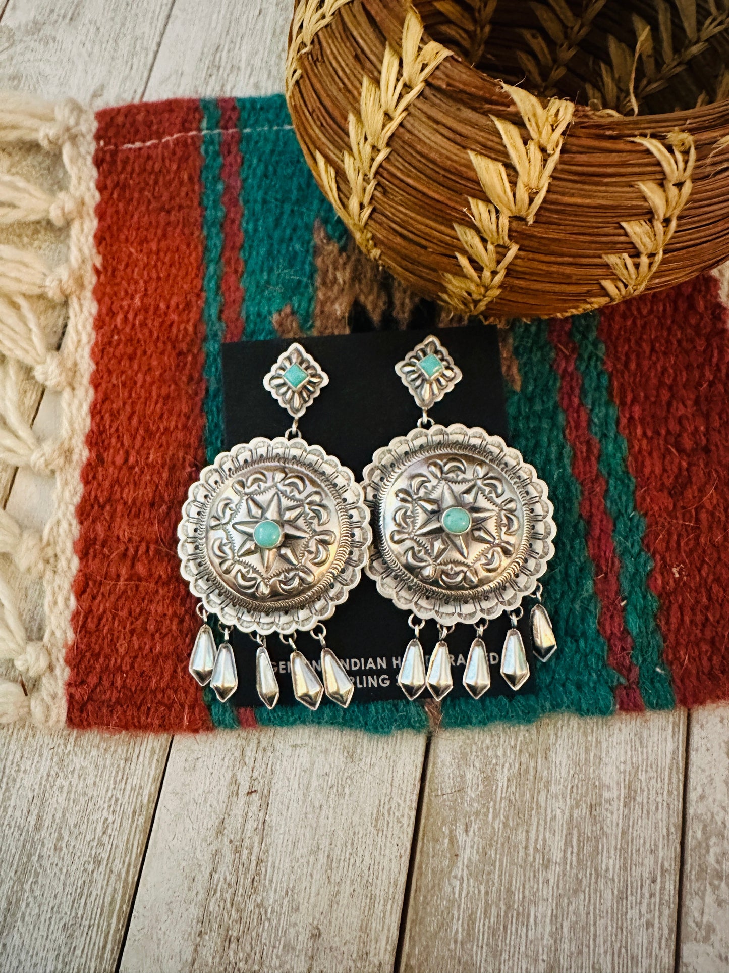 Handcrafted Turquoise & Sterling Silver Concho Dangle Earrings by Eugene Charley