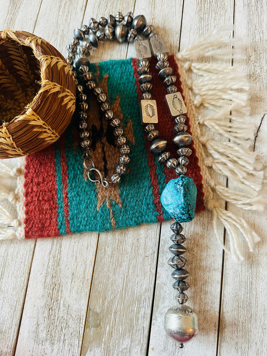 Handcrafted Turquoise & Sterling Silver Pearl Beaded Lariat Necklace