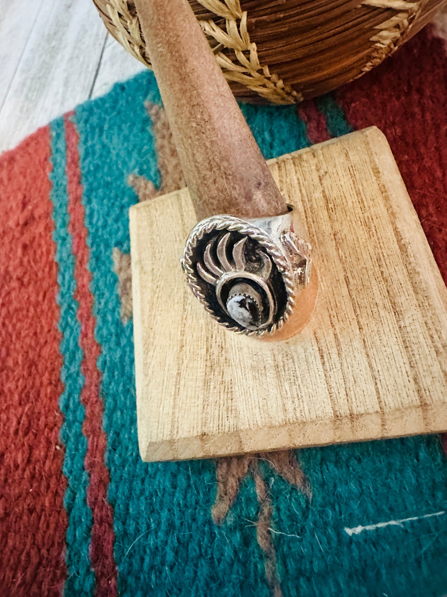 Handcrafted White Buffalo & Sterling Silver Bear Paw Cigar Band Ring Size 11