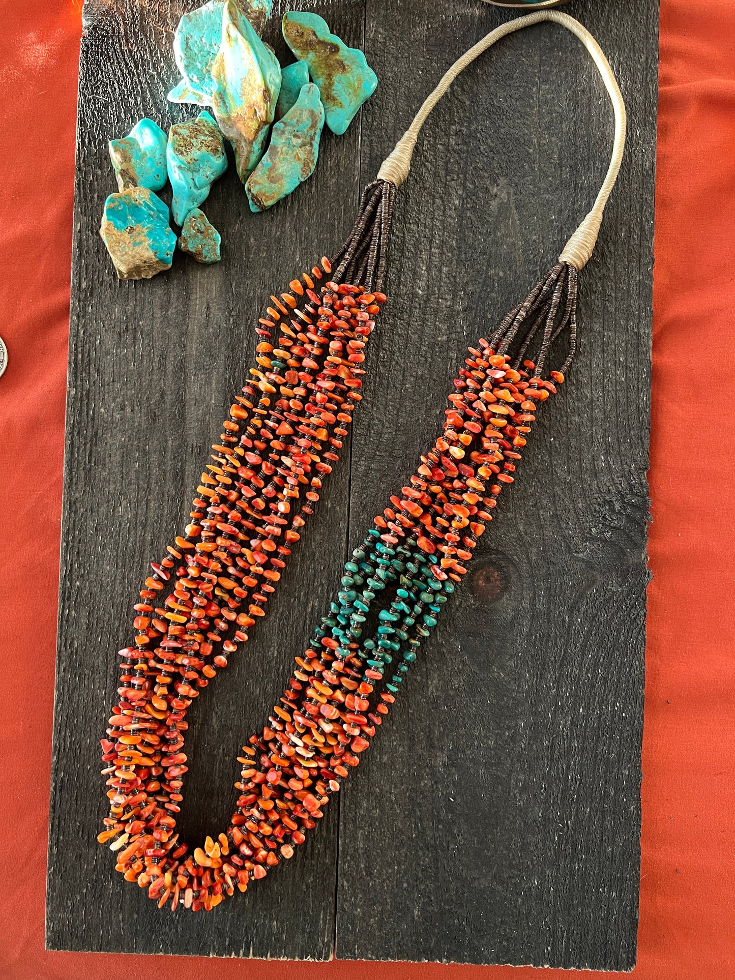 Gorgeous Handcrafted Made Eight Strand Spiny Oyster and Turquoise Beaded Squaw Wrap Necklace by Daniel Coriz