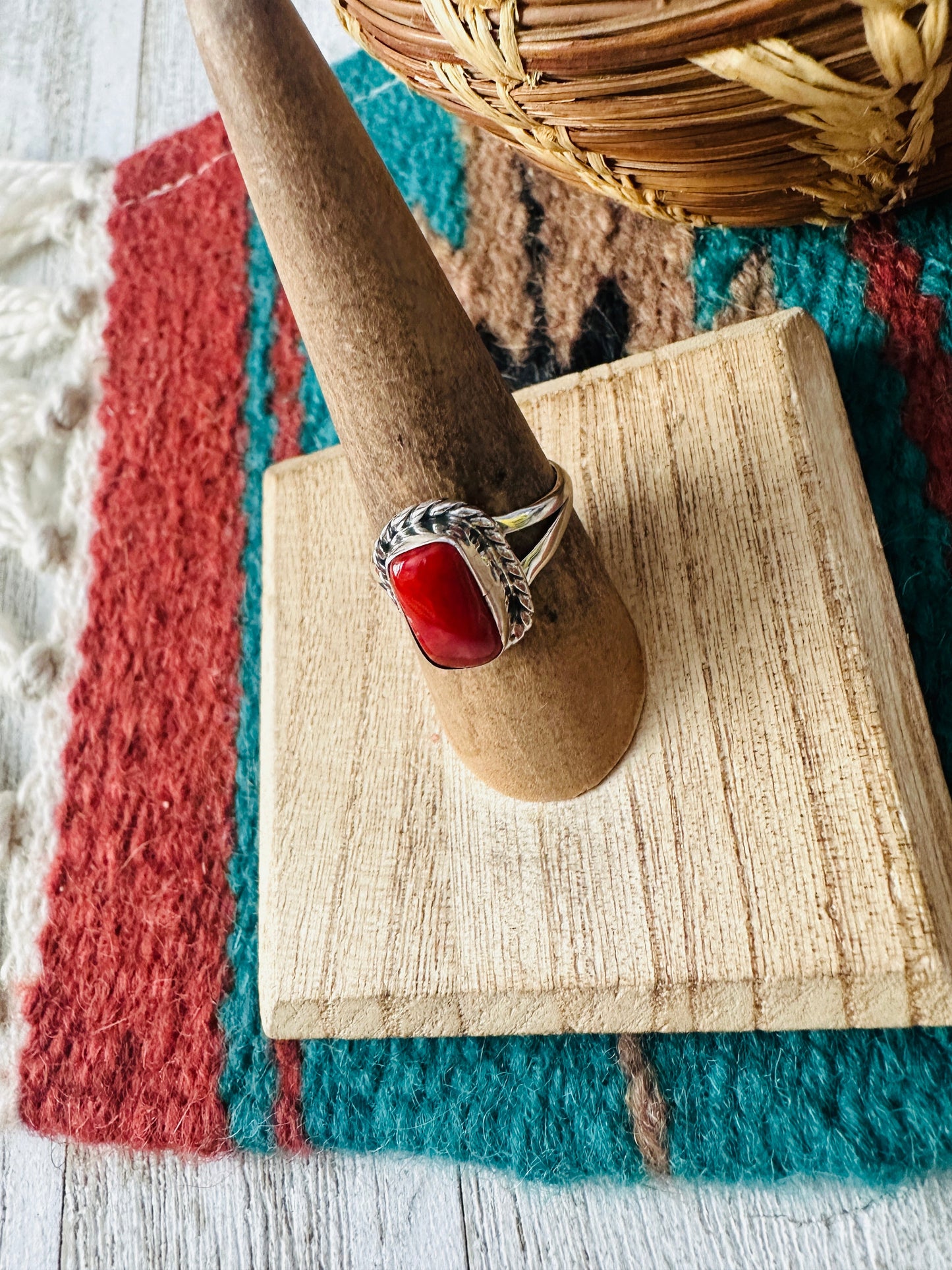 Navajo Coral & Sterling Silver Ring Size 7