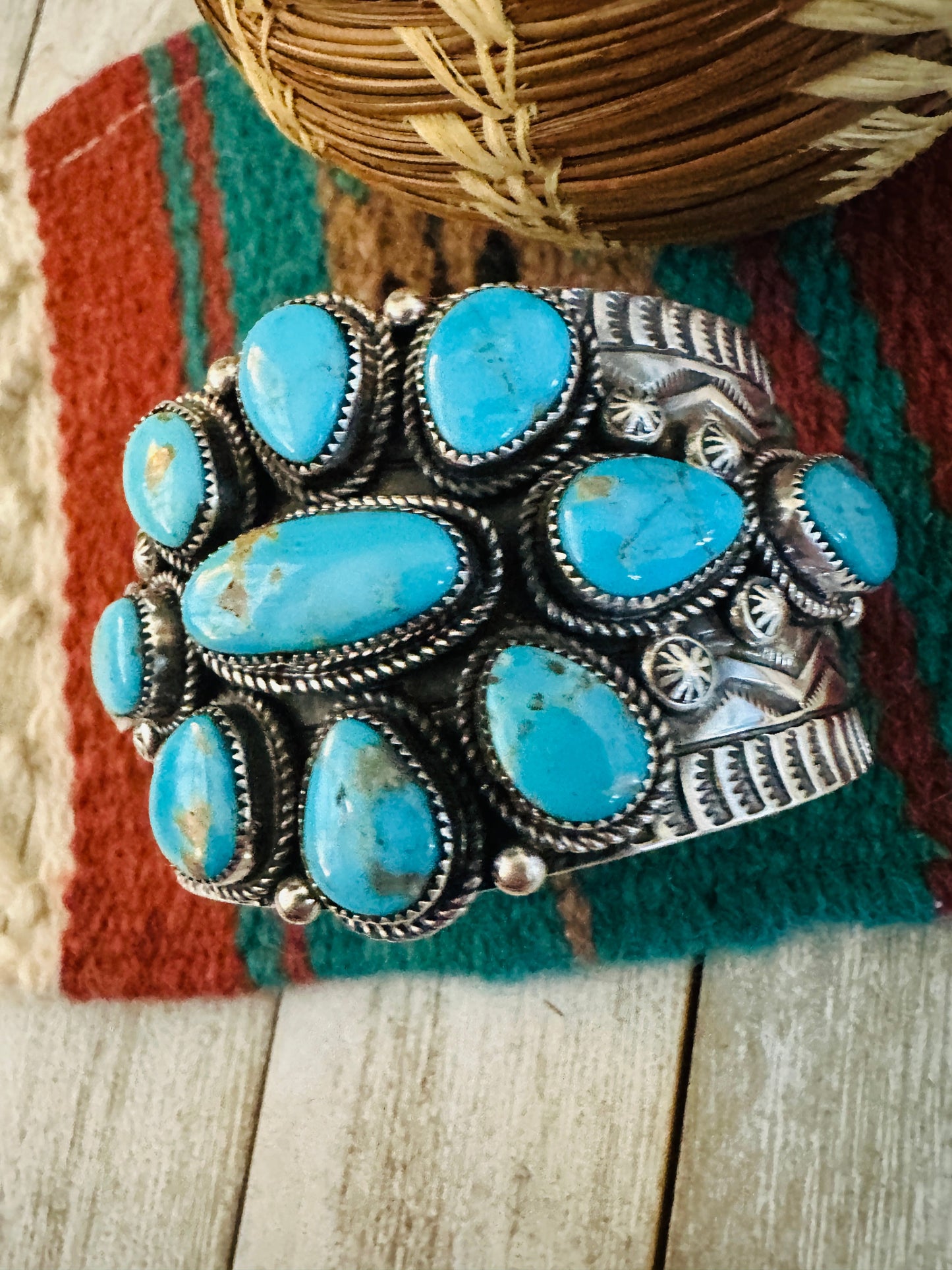 Kingman Turquoise & Sterling Silver Cluster Cuff Bracelet /