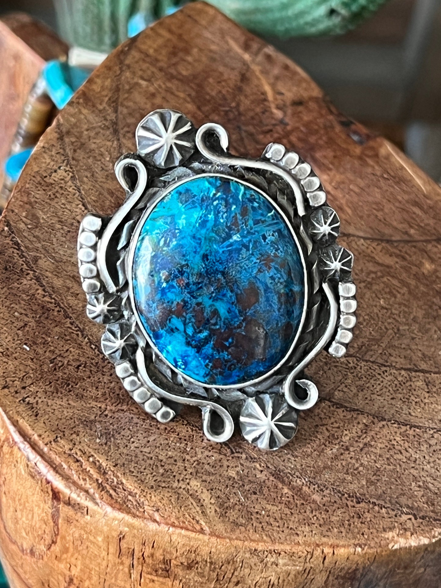 Apache Sterling Silver and Chrysocolla Azurite Ring by Rosella Paxson, Size 7
