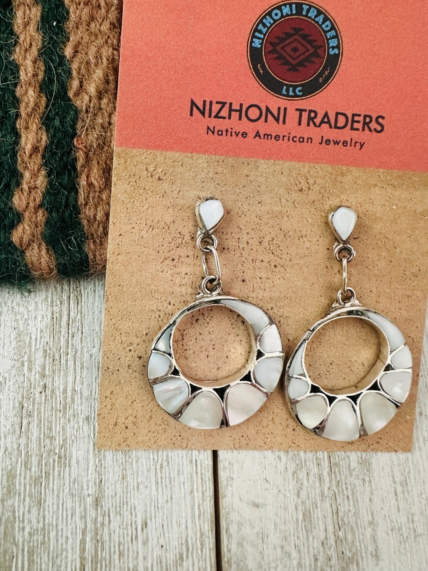 Handcrafted Mother of Pearl & Sterling Silver Inlay Dangle Earrings