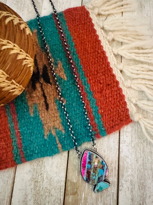 Handcrafted Sterling Silver & Multi Stone Inlay Spade Necklace
