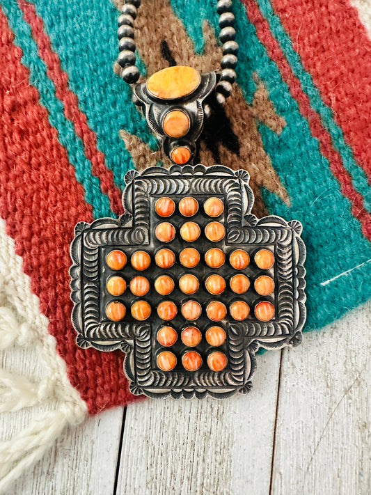 Handcrafted Sterling Silver & Orange Spiny Cross Pendant by Shawn Cayatineto