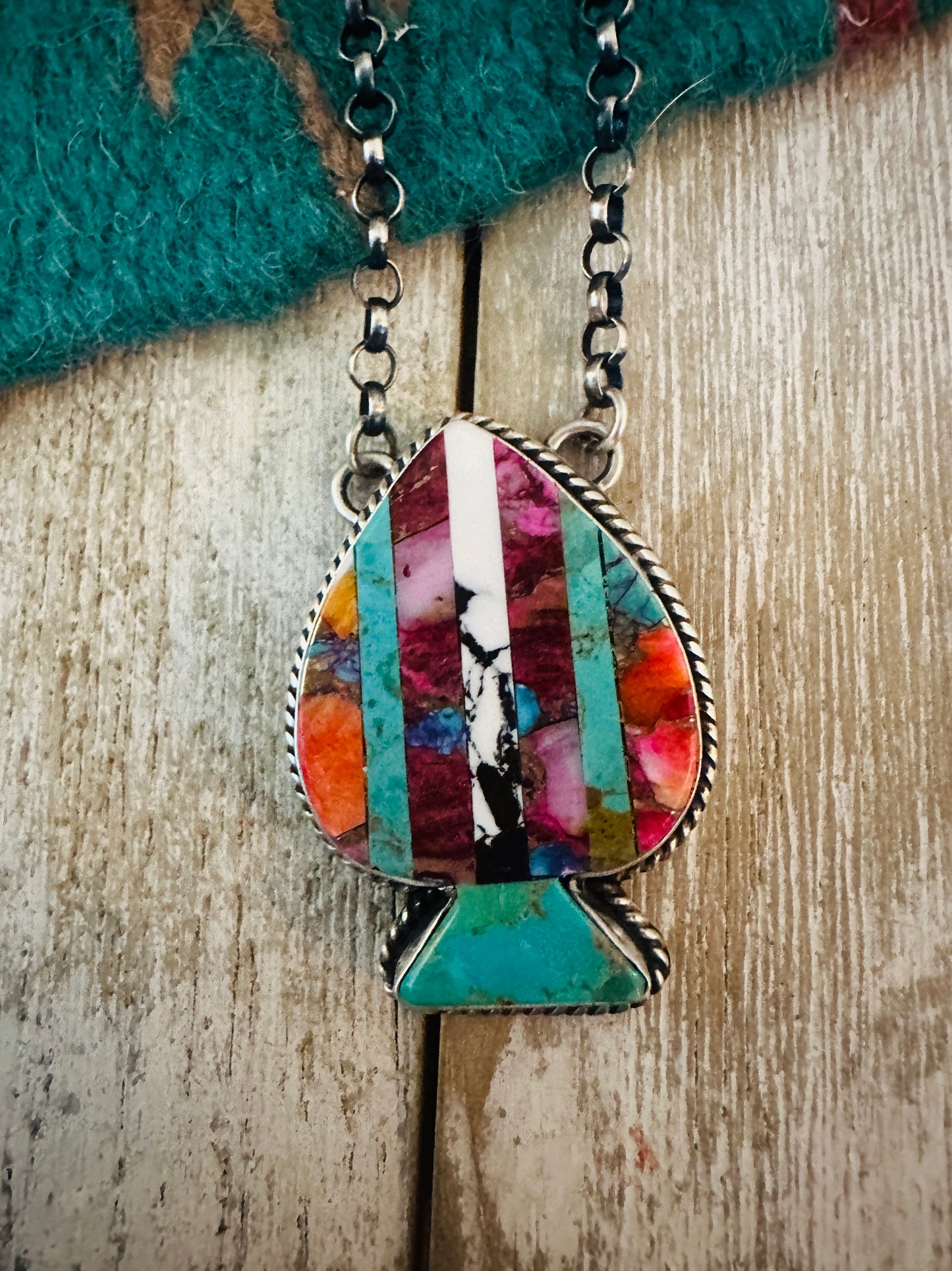 Handcrafted Sterling Silver & Multi Stone Inlay Spade Necklace