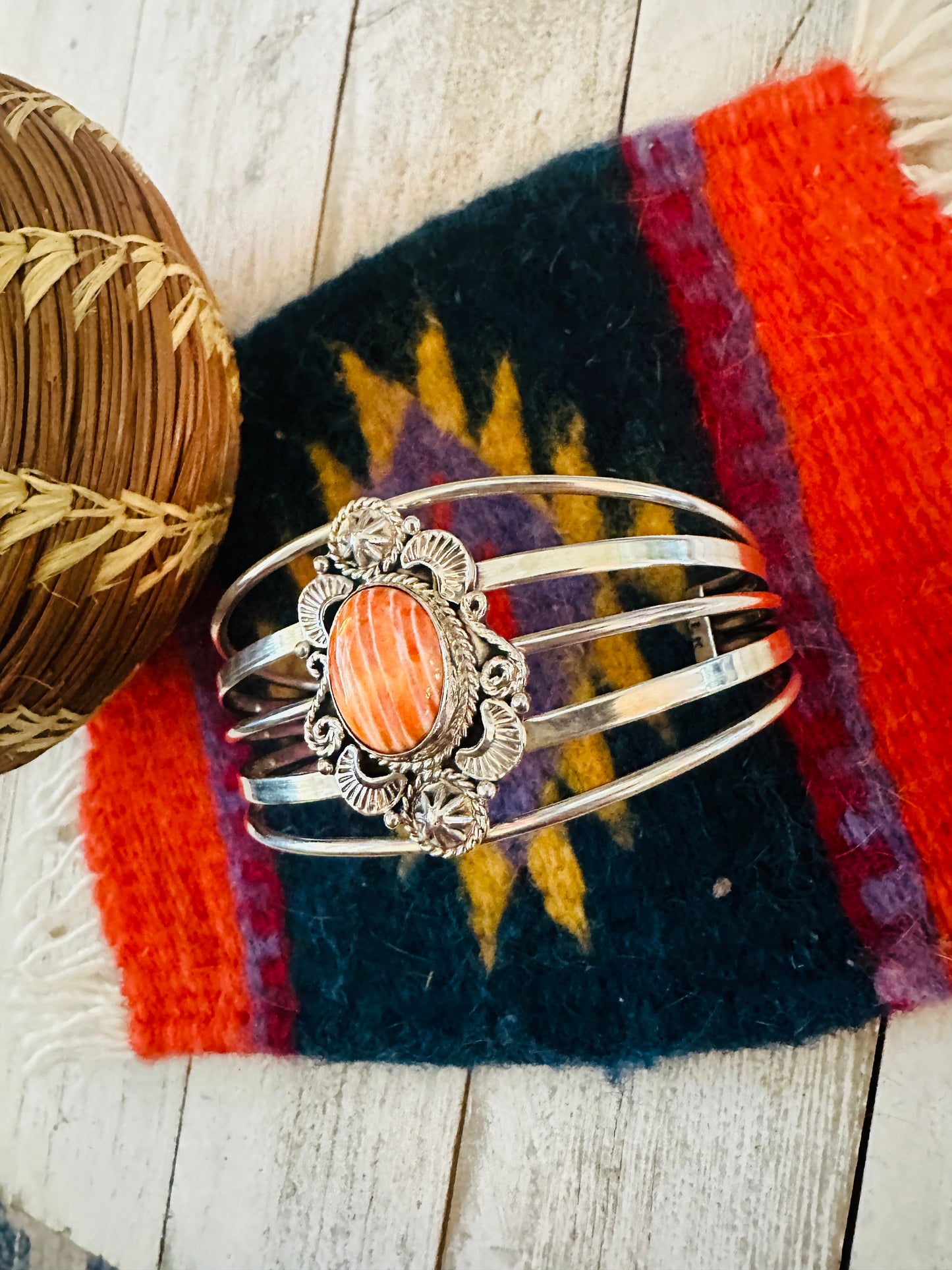 Handcrafted Sterling Silver & Orange Spiny Oyster Cuff Bracelet