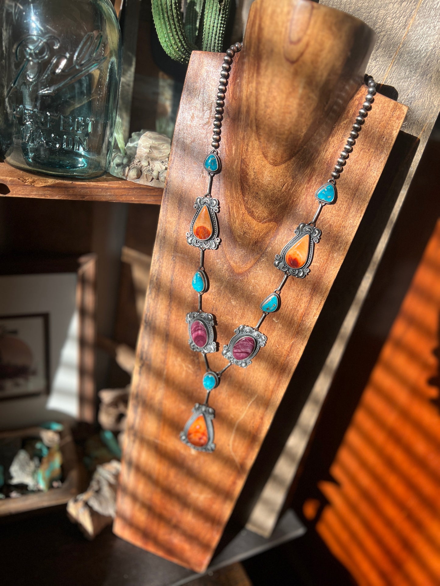 Handcrafted Sterling Silver, Spiny Oyster and Turquoise Link and Bead Electric Rainbow Necklace and Earrings Set by Derrick Gordon