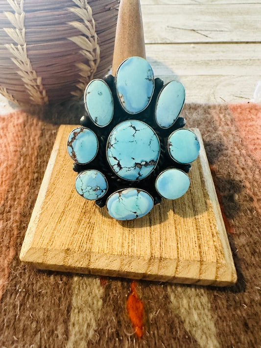 Handcrafted Golden Hills Turquoise & Sterling Silver Cluster Ring Size 8.75
