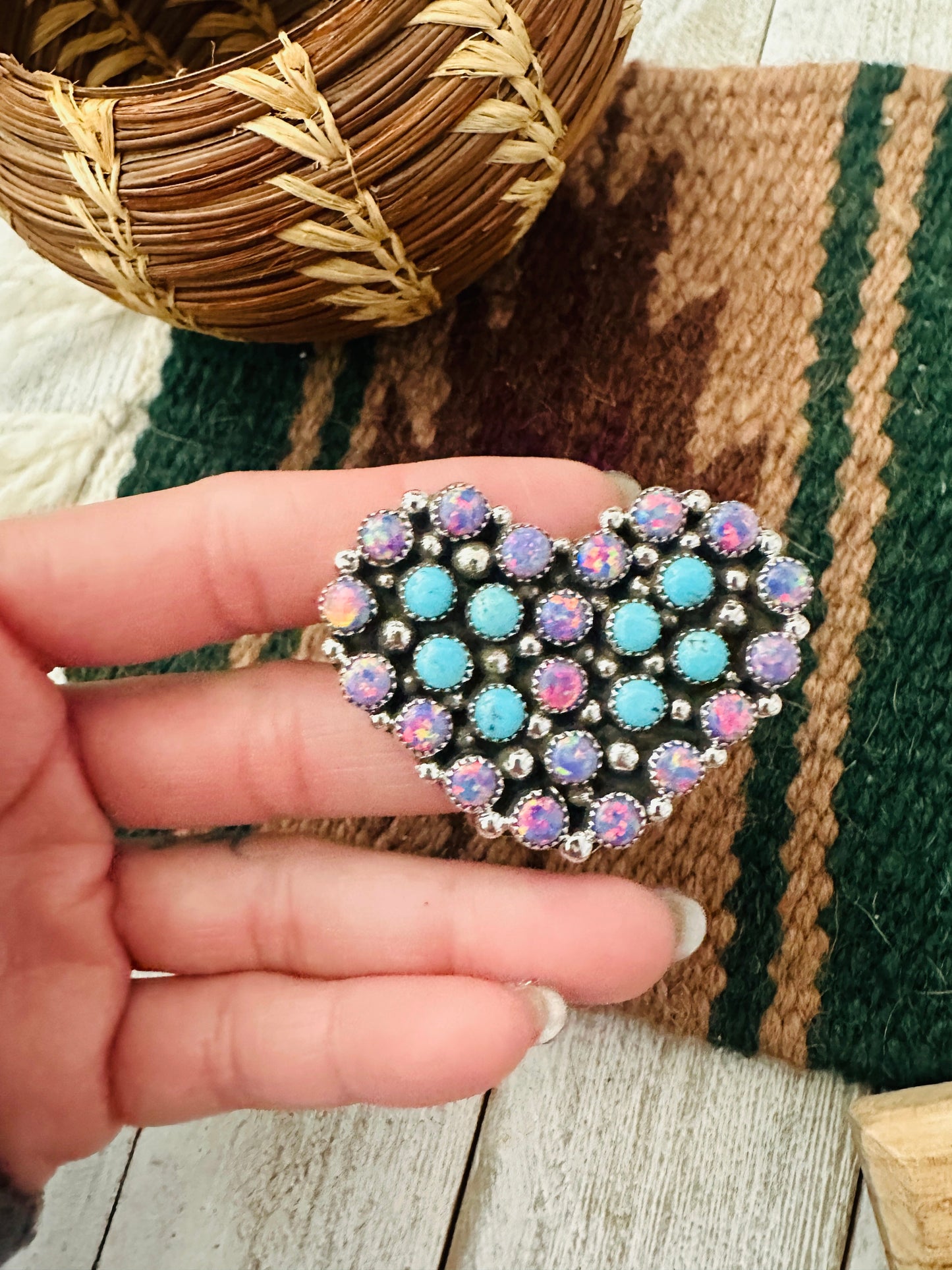 Handcrafted Sterling Silver, Opal & Turquoise Cluster Adjustable Heart Ring