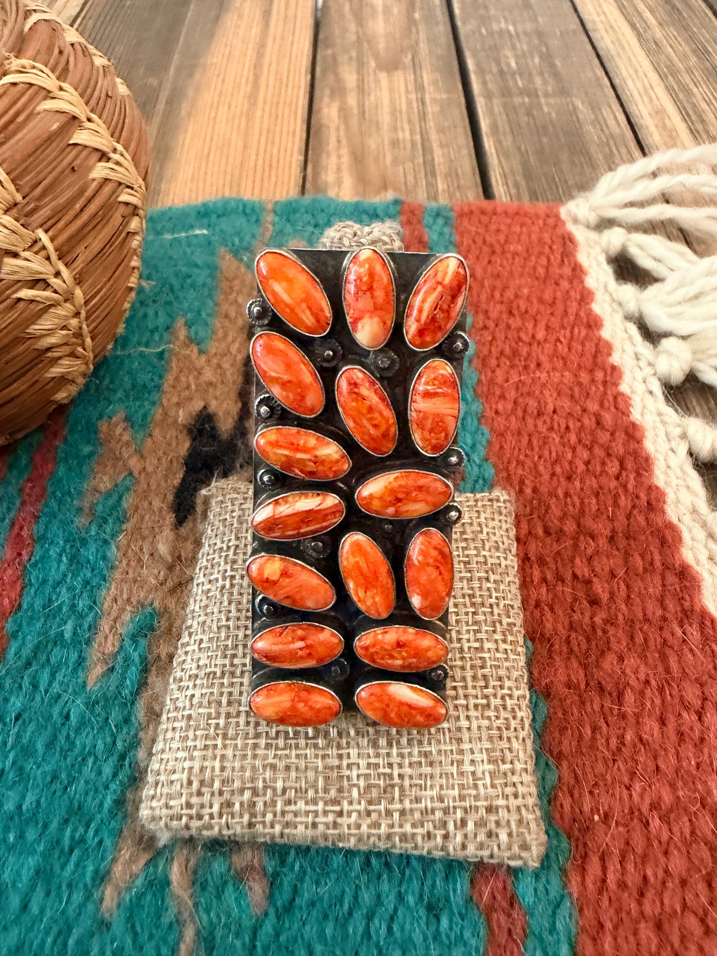 Handcrafted Orange Spiny Oyster & Sterling Silver Cluster Adjustable Ring by Jacqueline Silver