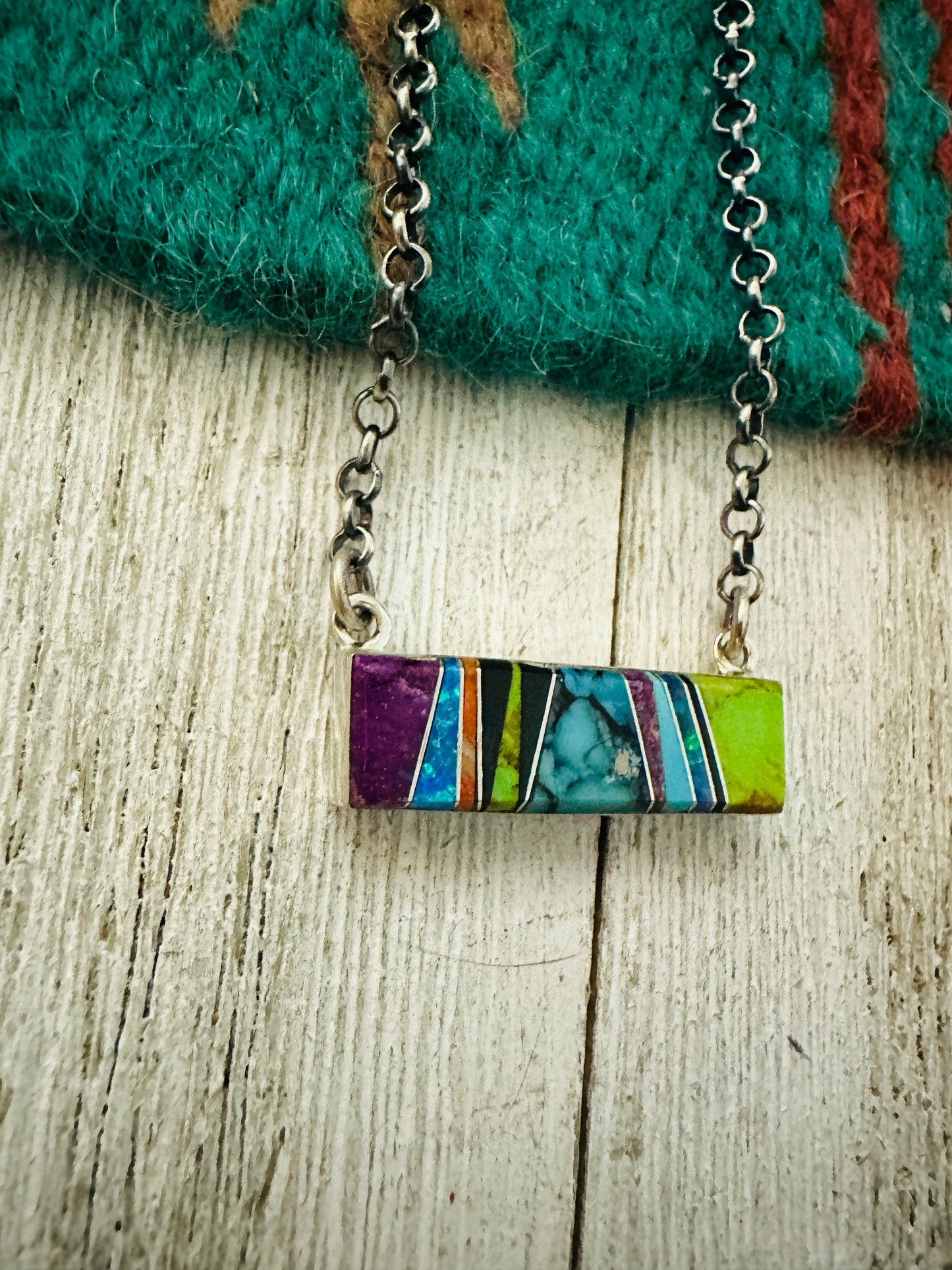 Handcrafted Multi Stone & Sterling Silver Inlay Bar Necklace