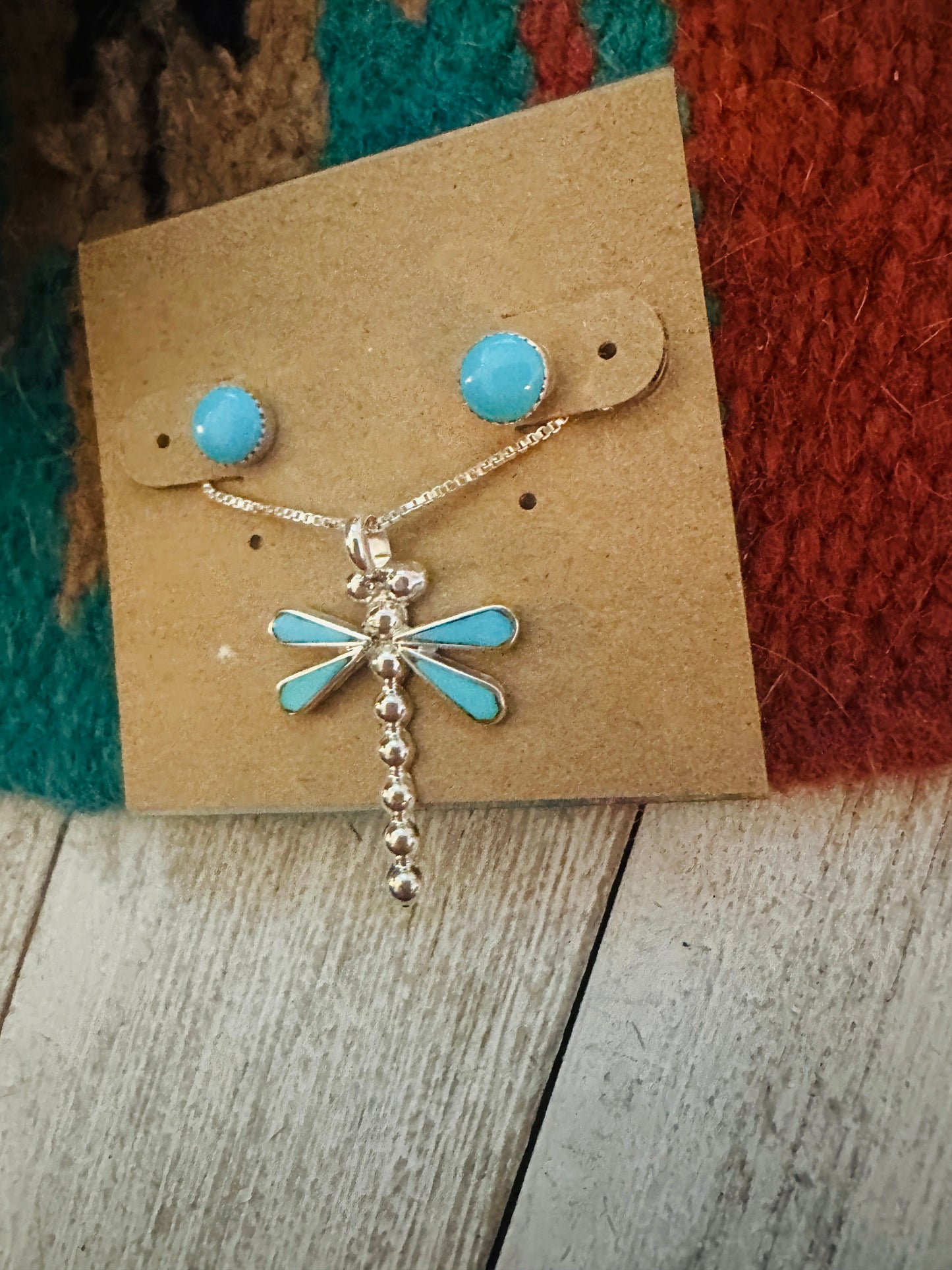 Zuni Sterling Silver & Turquoise Dragonfly Necklace and Earring Set