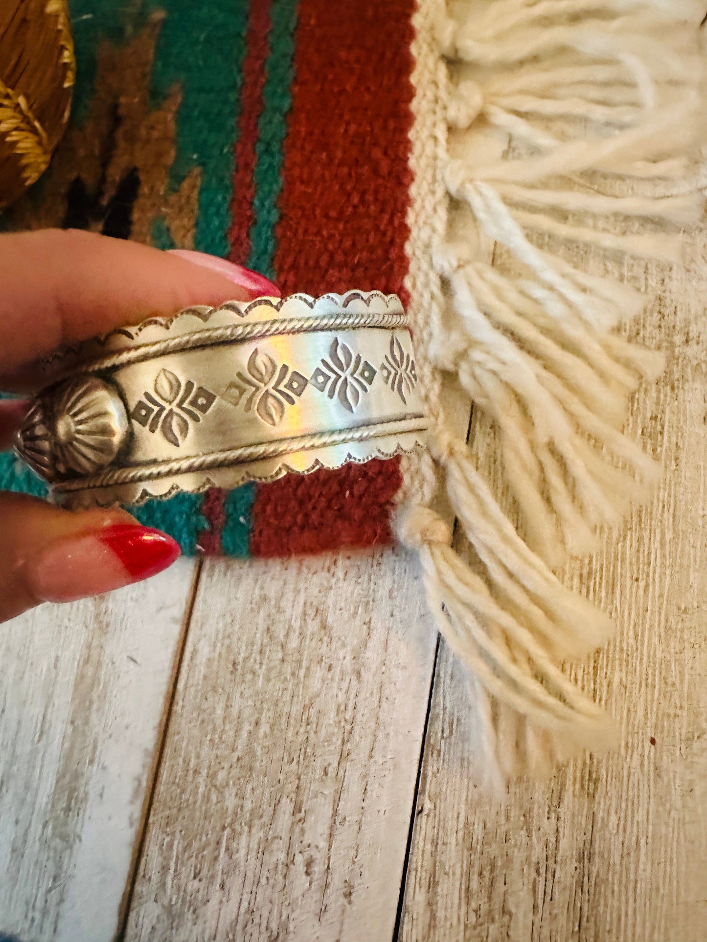Hand Stamped Sterling Silver Concho Cuff Bracelet