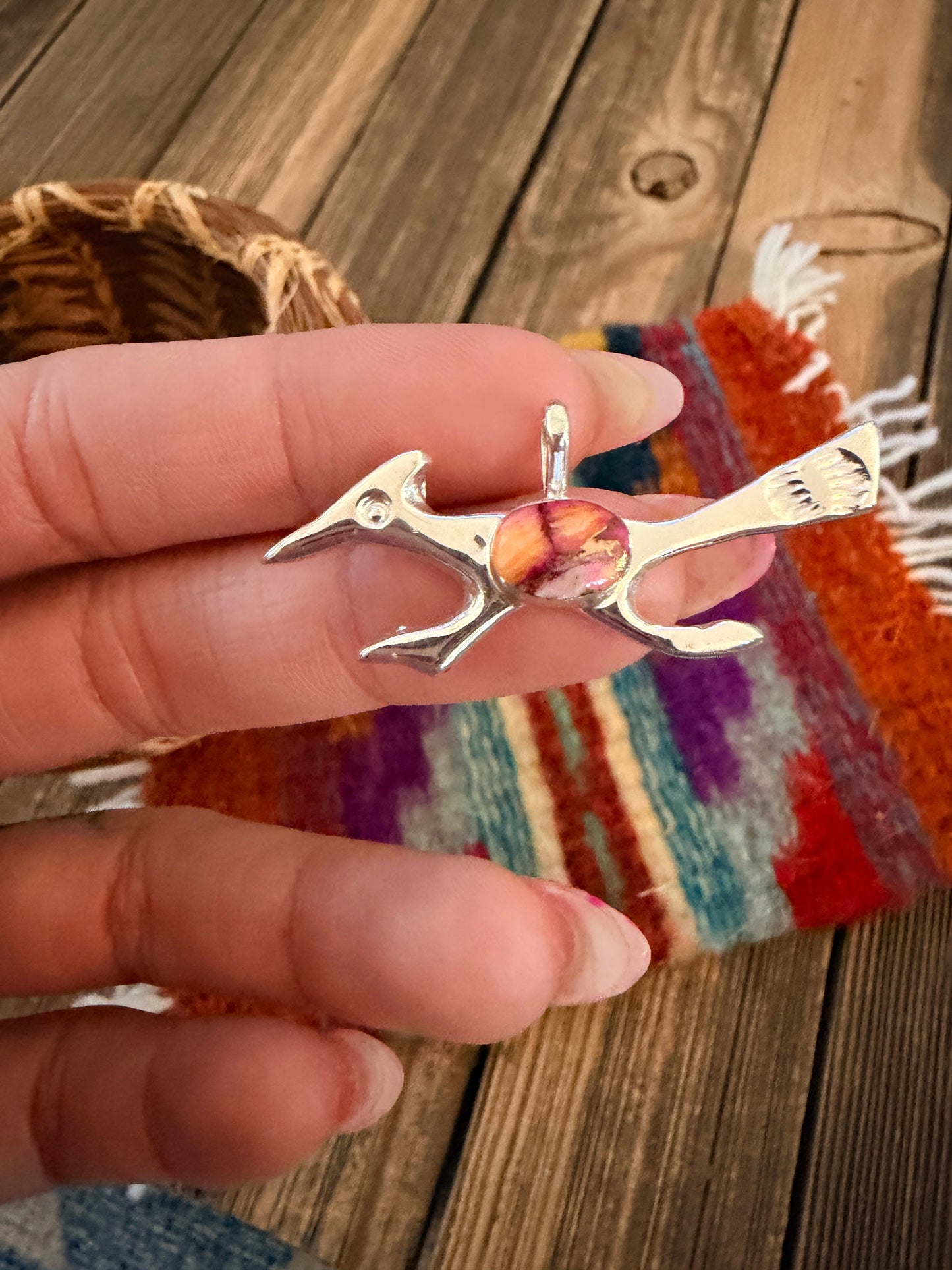 Handcrafted Sterling Silver & Pink Dream Mojave Road Runner Pendant by Joseph Martinez