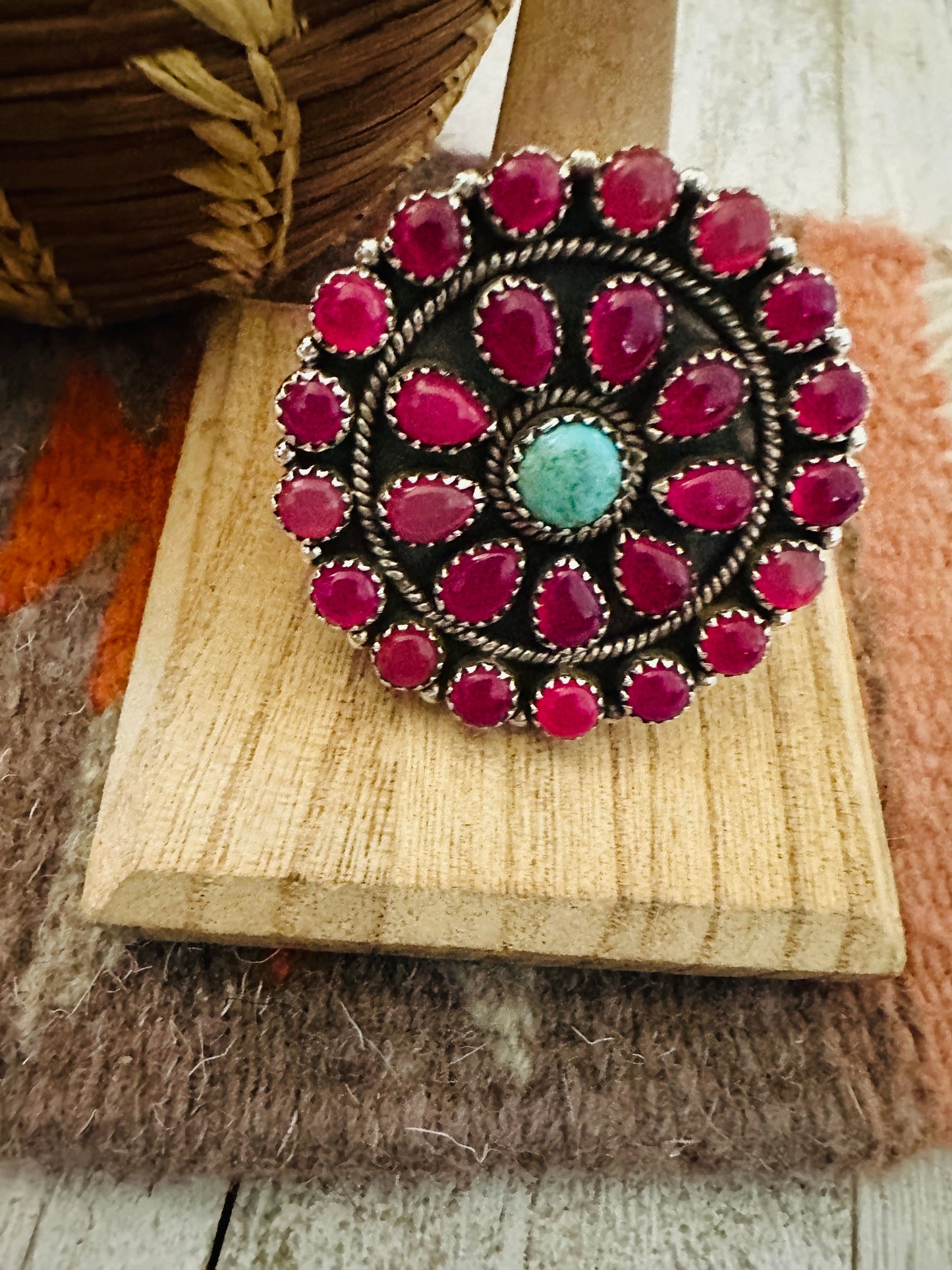 Handmade Sterling Silver, Pink Onyx & Turquoise Cluster Adjustable Ring by Nizhoni