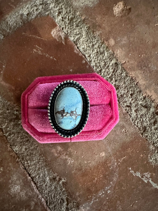 Beautiful Handcrafted Sterling Silver & Single Stone Golden Hills Turquoise Adjustable Ring Signed