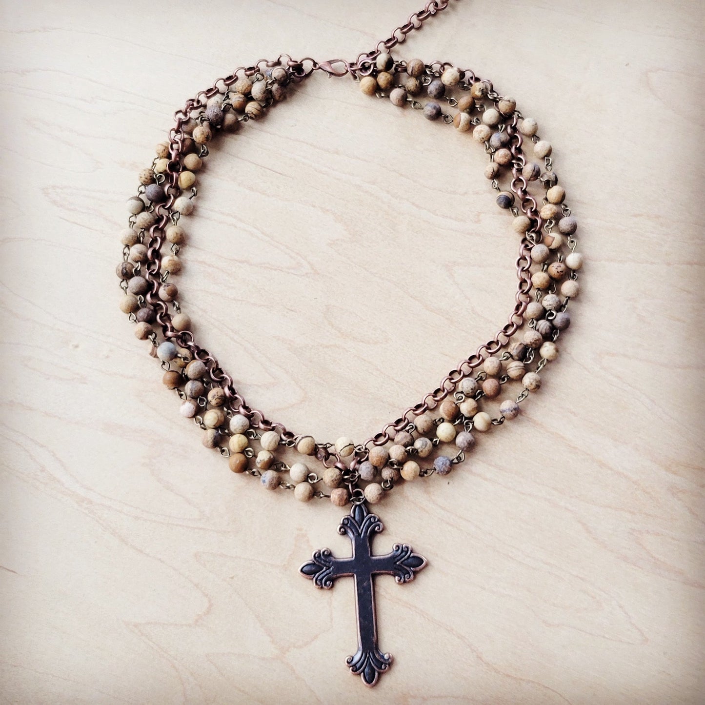 Picture Jasper Beaded Collar Necklace w/ Cross Pendant 261b