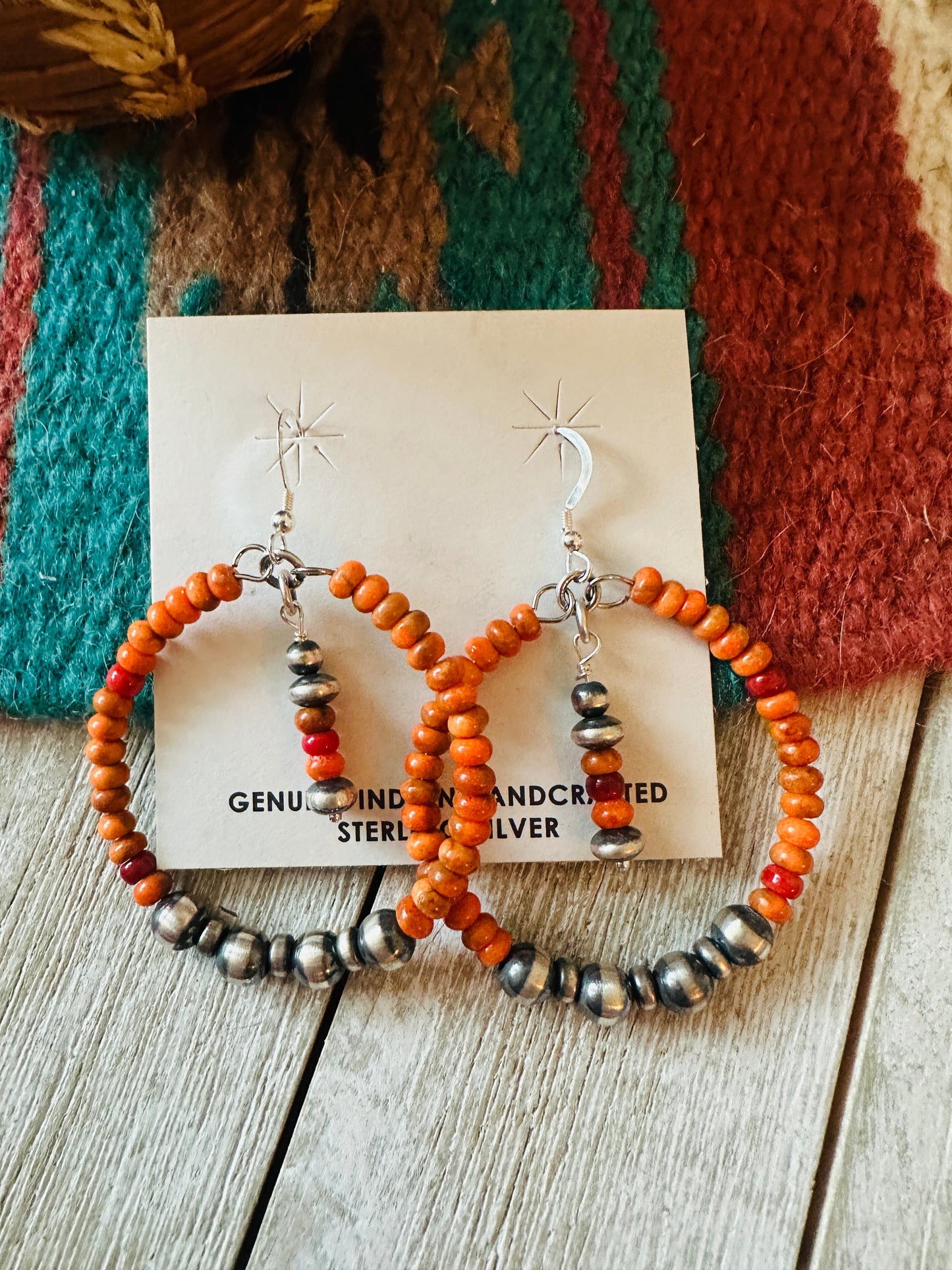 Handcrafted Orange Spiny & Sterling Silver Pearl Beaded Hoop Earrings