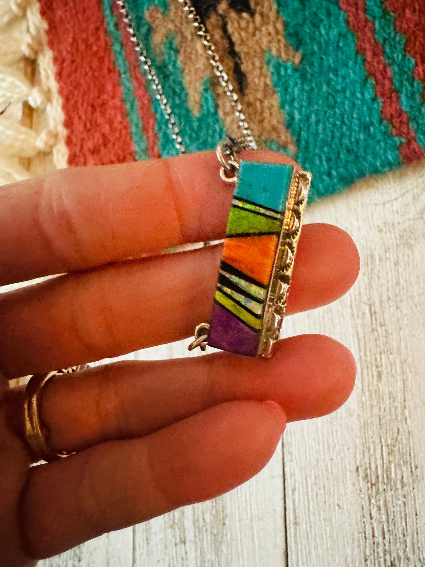 Handcrafted Multi Stone & Sterling Silver Inlay Bar Necklace