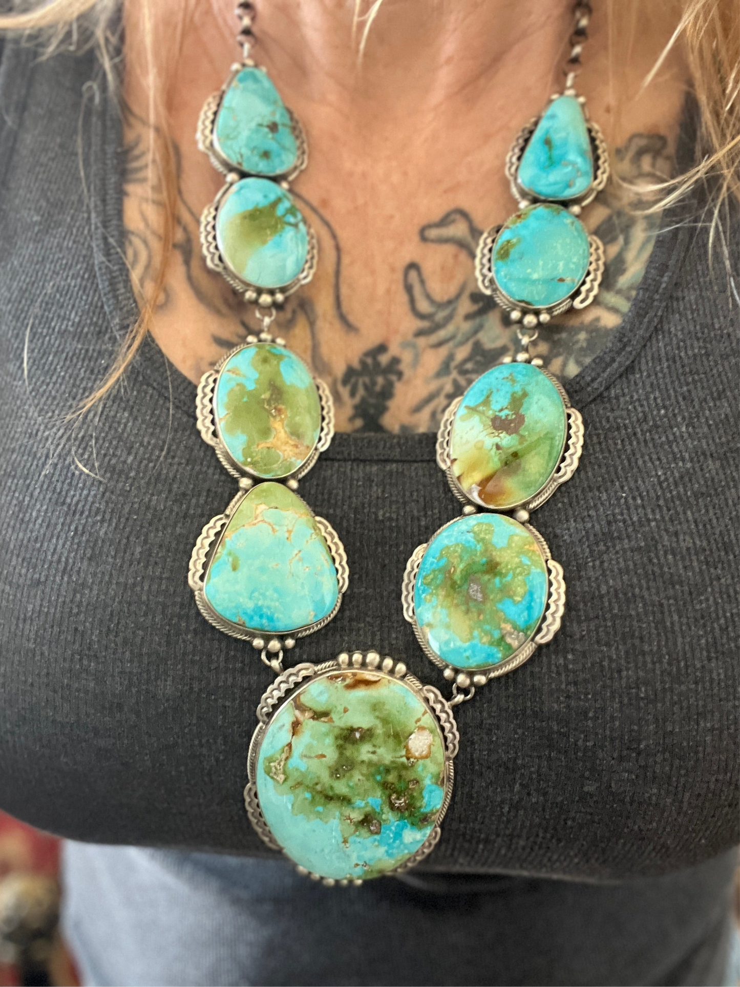 Massive Handcrafted Sterling Silver and Sonoran Mountain Turquoise Statement Necklace with Earrings by Talila Benally