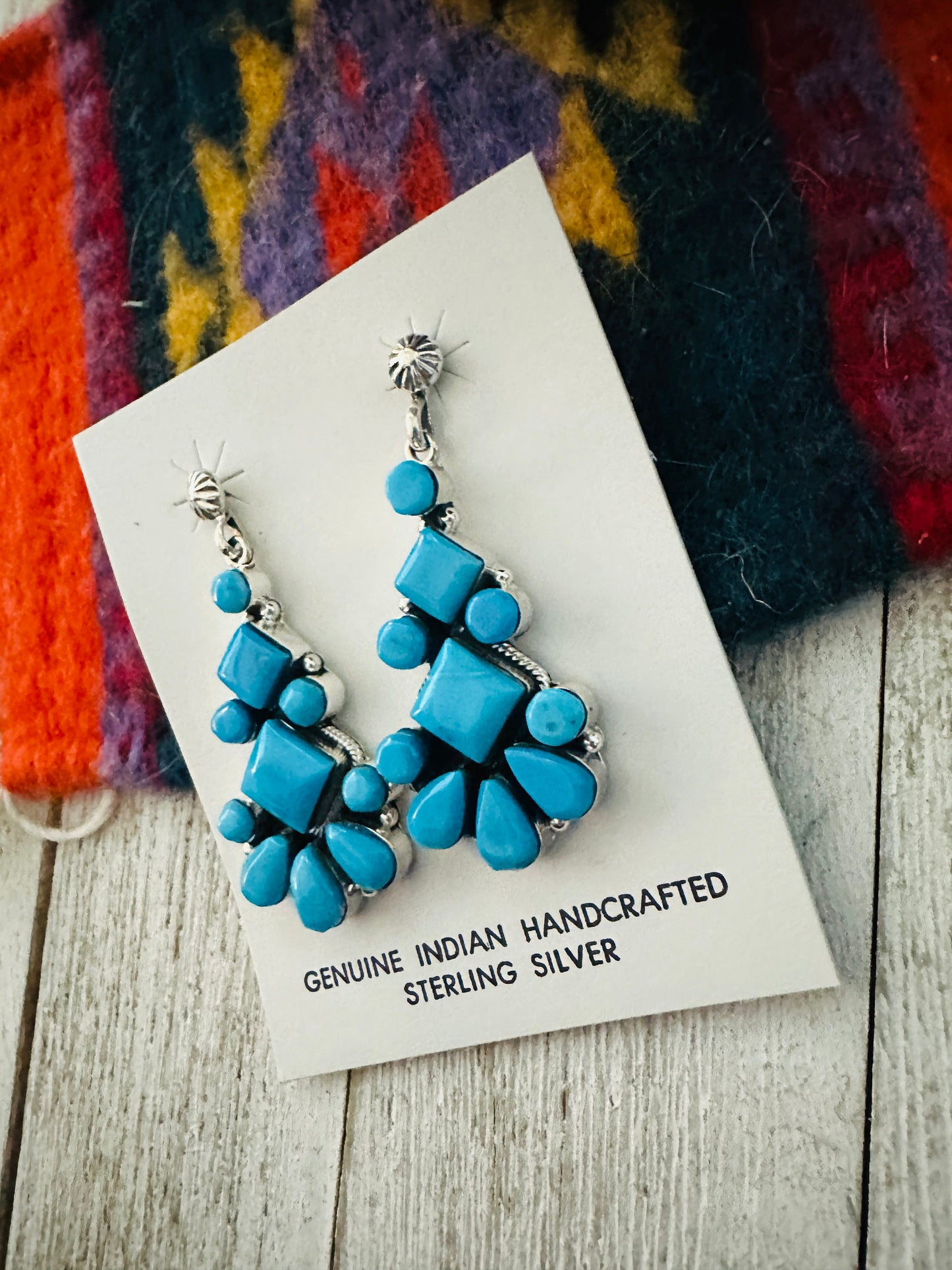 Handcrafted Sterling Silver & Turquoise Cluster Dangle Earrings