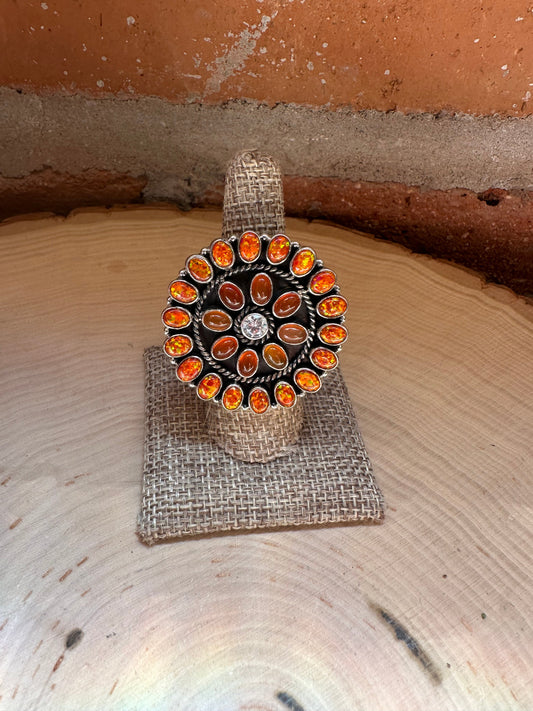 Handmade Amber, Fire Opal, CZ & Sterling Silver Adjustable Ring Signed Nizhoni